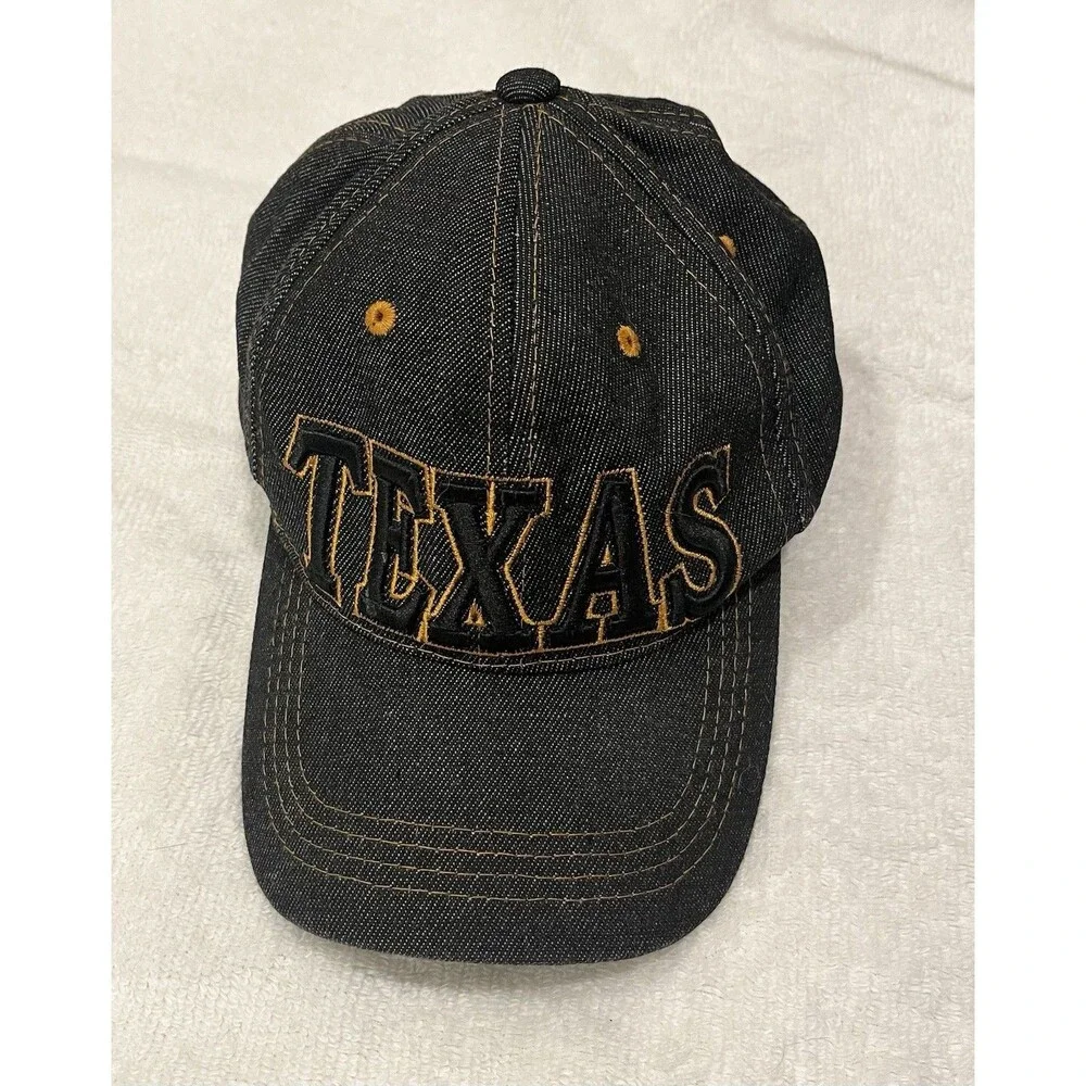 Texas Black Denim Baseball Cap Hat Gold Embroidered Adjustable 100% Cotton